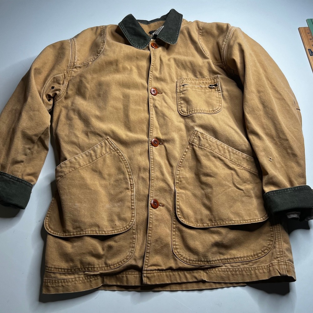 LL Bean Mens Medium Hunting Field Coat Tan Canvas Plaid Lined Corduroy Trim JV93 - Picture 1 of 13